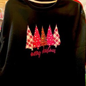 Black sweatshirt pink-whitetreesMerryChristmas printedSlogansoftComfyPoly/cotton